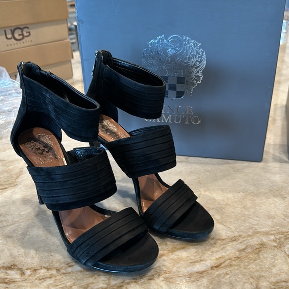 Vince Camuto black heels with three straps. Size 7 1/2. Black suede. - Picture 2 of 4